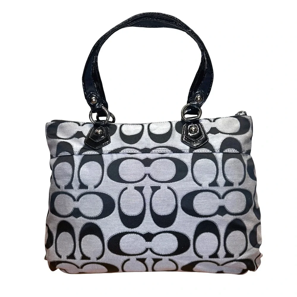 Coach Poppy Glam Tote 17890 Black Gray Signature‎ Shoulder Bag Canvas 2011 Clean